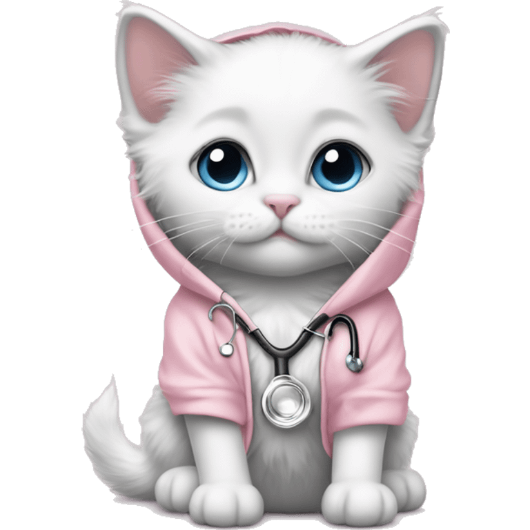 White rag doll kitten wearing a fancy light pink hoodie and grey stethoscope covered with diamonds emoji