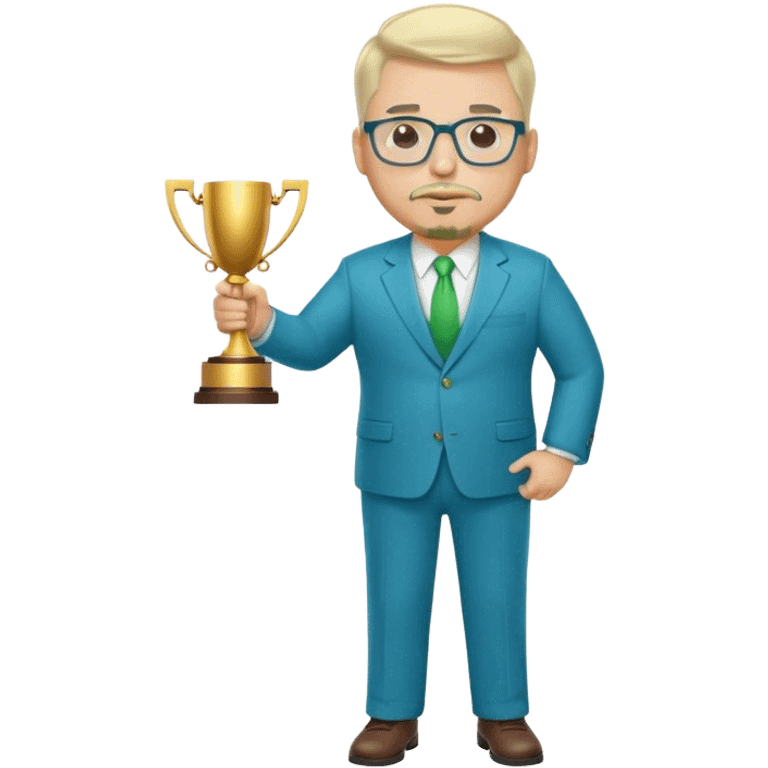 Full Body white fat male  wearing glasses with a goatee with light blonde gray very short hair basketball head Coach in blue and green suit holding trophy emoji