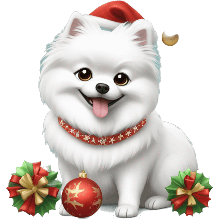 White dog Pomeranian spitz with Christmas decorations  emoji