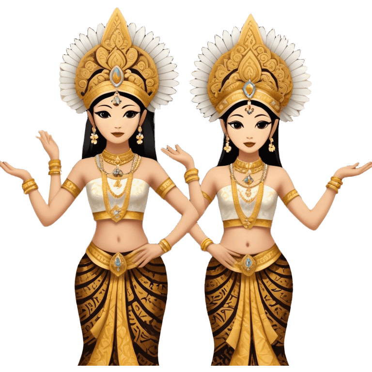 ​Cinematic Realistic Traditional Javanese Dancers, depicted as two graceful dancers in ornate traditional costumes with intricate batik patterns and elaborate headpieces, captured in dynamic poses during a ritual dance in an ancient temple courtyard, rendered with soft golden lighting and rich cultural textures, emoji