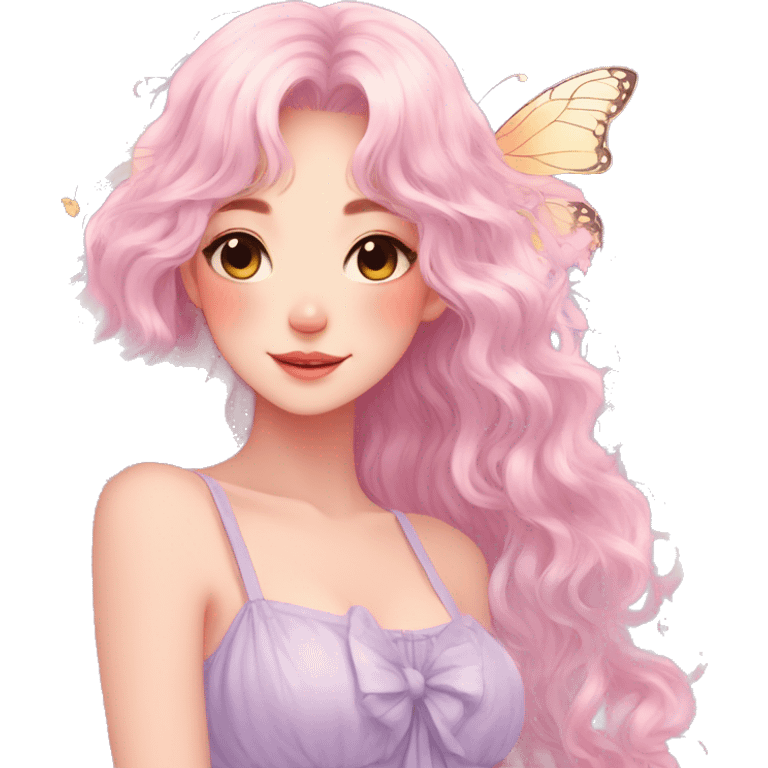 gorgeous anime pastel lady with butterflies and beautiful hair fairycore cottagecore emoji