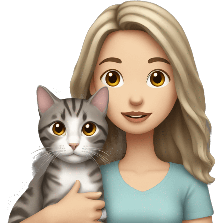 white girl with brown hair holding grey tabby cat emoji