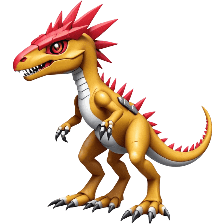 Spiky Cool Edgy Futuristic shiny colorful Digimon-Fakemon-Guilmon-Velociraptor-Mecha, full body, two legs emoji