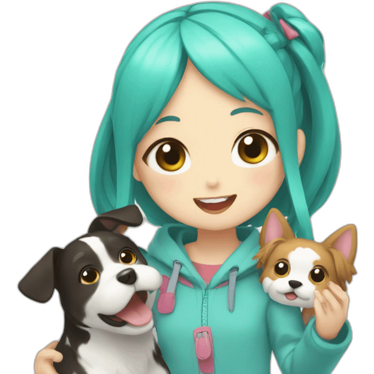 Miku playing with dogs emoji