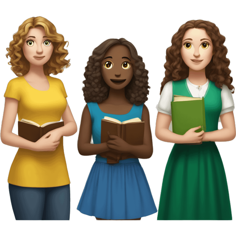 3 white women, one has long brown curly hair and a dress holding books, one medium height with brown long wavy hair and green skirt and yellow top, one medium height with medium length brown wavy hair with a blue dress holding a kindle emoji