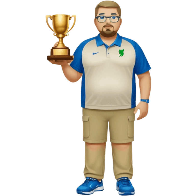  full body white obese male basketball coach with trophy. Goatee , Wearing glasses and blue and green nike polo shirt and khaki pants emoji