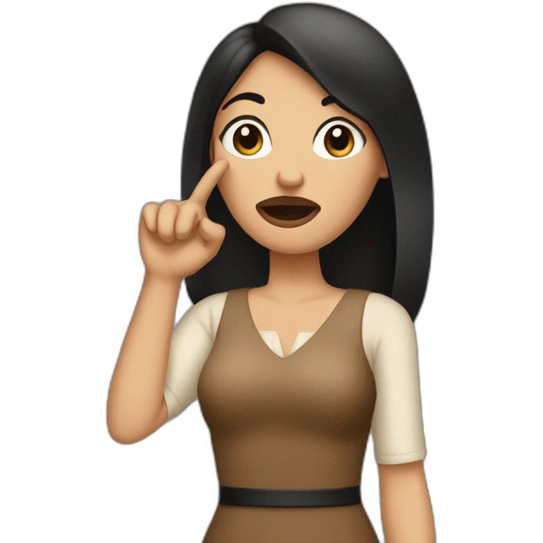 A tall woman wearing brown dress with black hair and asking to keep quiet while putting her finger on her lips emoji