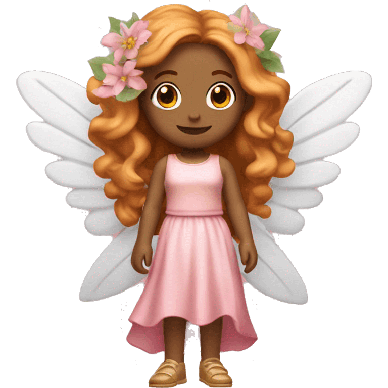 Full body Fairy white woman emoji with long wavy copper hair and blonde highlights, also with curtain bangs, brown/honey eyes, with a pink outfit inspired in flower leaves give her wings  emoji