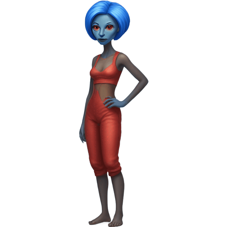 a red alien woman full body,blue hair emoji