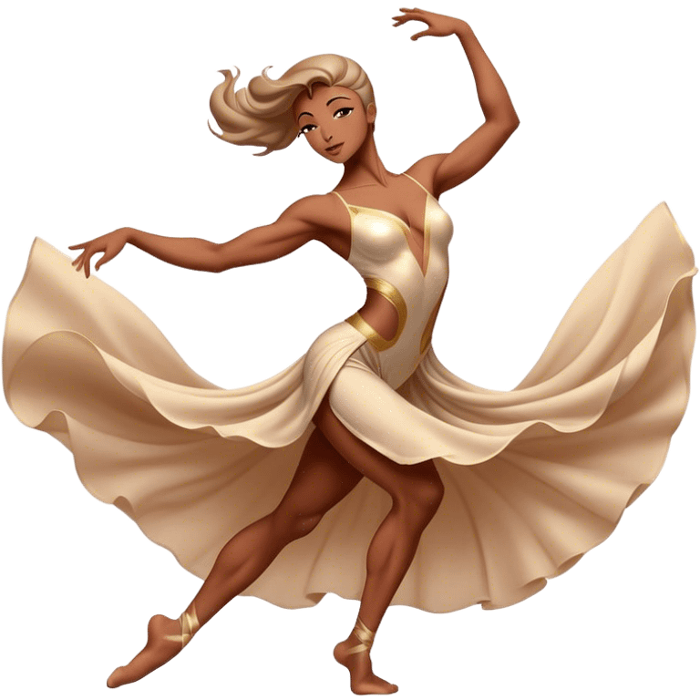 Cinematic Realistic Dance Poses, an elegant dancer mid-motion, muscles tensed with control, soft fabric of their attire flowing with movement, dramatic lighting highlighting the graceful lines, glowing with passion and poise. emoji