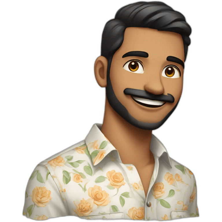 Indian 23 year old male with Indian fair complexion with beard and moustache, white floral shirt , smiling and winking  emoji