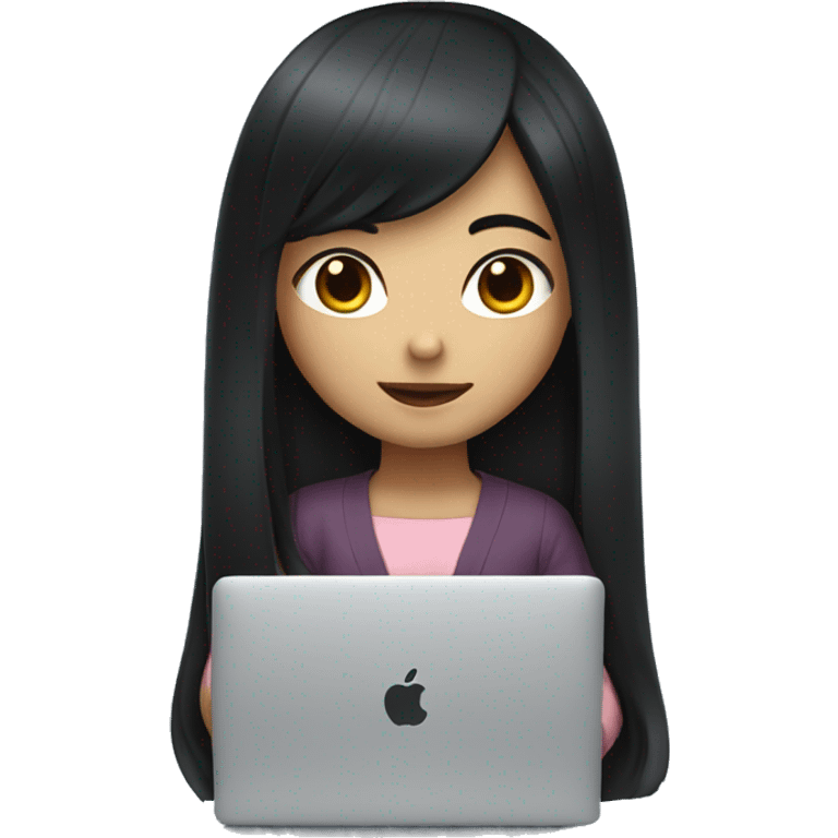 Japanese girl with long black hair sitting with a macbook show halfbody only emoji