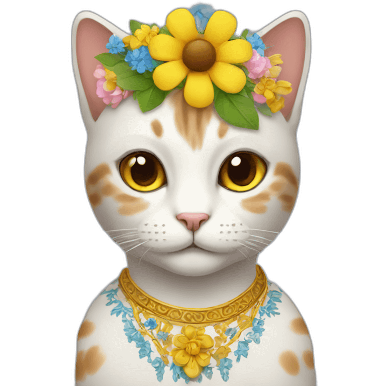 A cat wearing Ukrainian traditional dress and flowers on the head  emoji