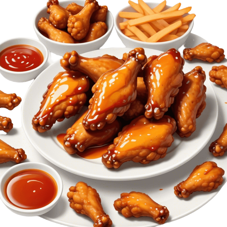 Cinematic crispy chicken wings, golden-brown and glazed with spicy sauce, crunchy coating, juicy inside, piled high with dipping sauce on the side, ultra-realistic and mouthwatering, inviting and bold. emoji