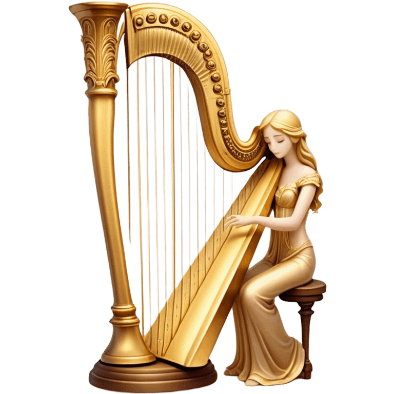 Cinematic Realistic Harp, a grand golden harp with intricately carved details, delicate strings shimmering under soft candlelight, rich wood tones adding warmth, a musician’s gentle fingers plucking a note, glowing with an ethereal and majestic aura. emoji