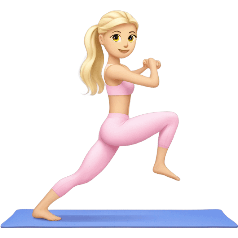 A blonde white Pilates girl in light pink clothes with fitness mat emoji