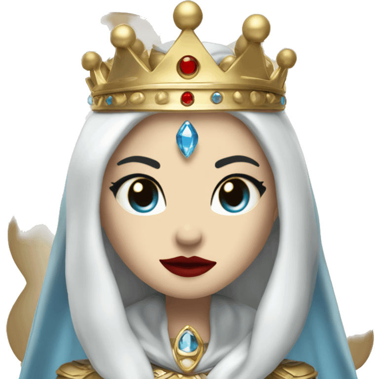 Queen with pale white skin, evil stare, icy blue eyes, bright red lips, long black hair, gold crown, and white robes. emoji