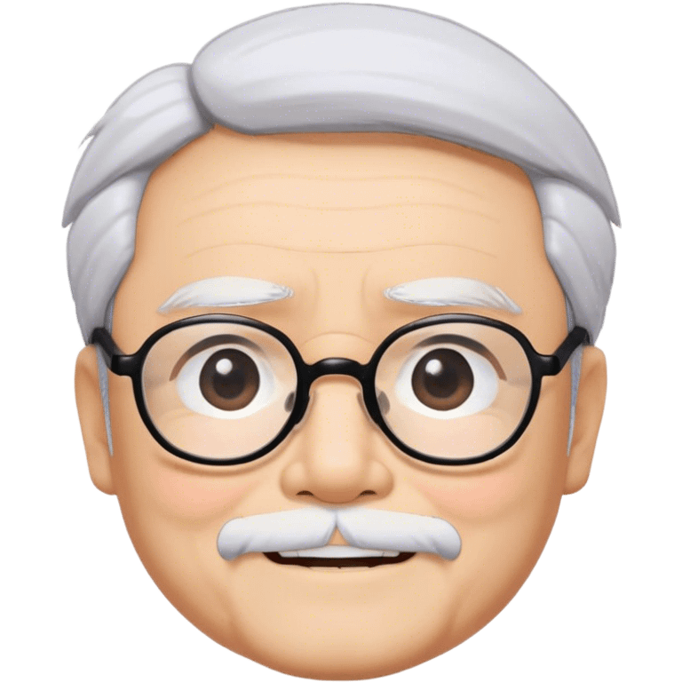 ​Cinematic Realistic Portrait of Hayao Miyazaki, depicted with defined black eyebrows, and large rectangular glasses, his happy expression rendered in lifelike detail, illuminated with soft, realistic lighting that emphasizes his creative genius, emoji