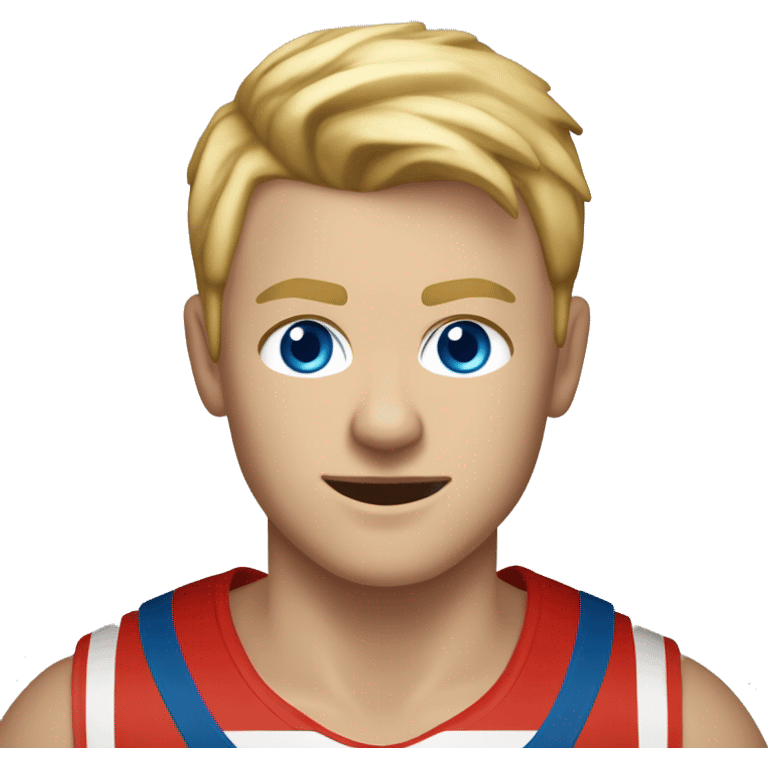 A drummer playing drums in a fully red basketball top, blonde highlighted hair, blue eyes and he’s 15 years old  emoji