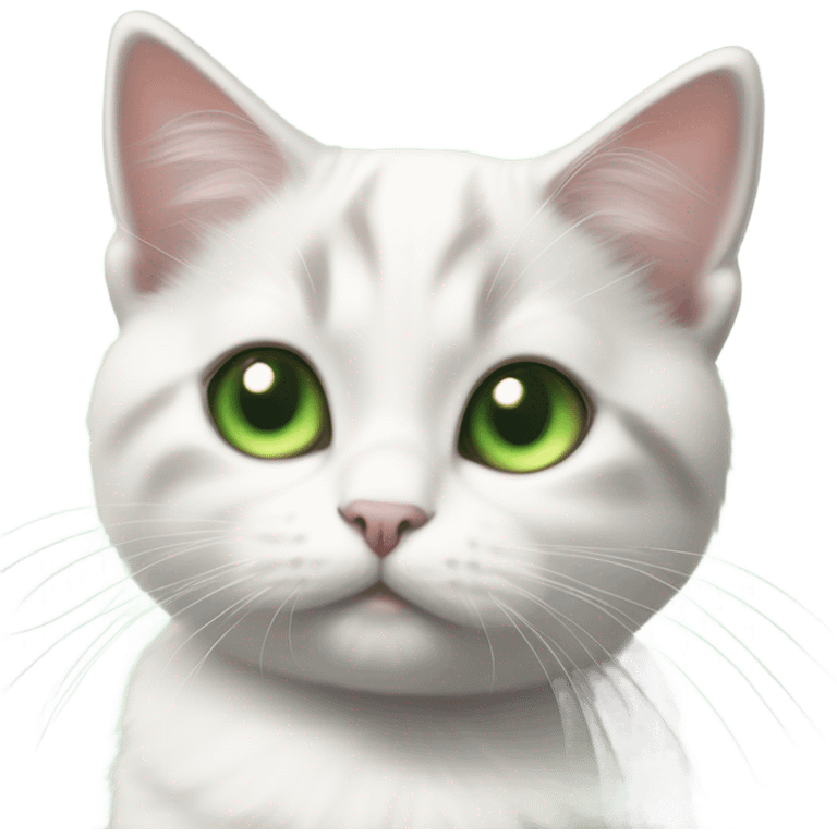 White munchkin cat standing with grey triangle of fur on head and green eyes emoji