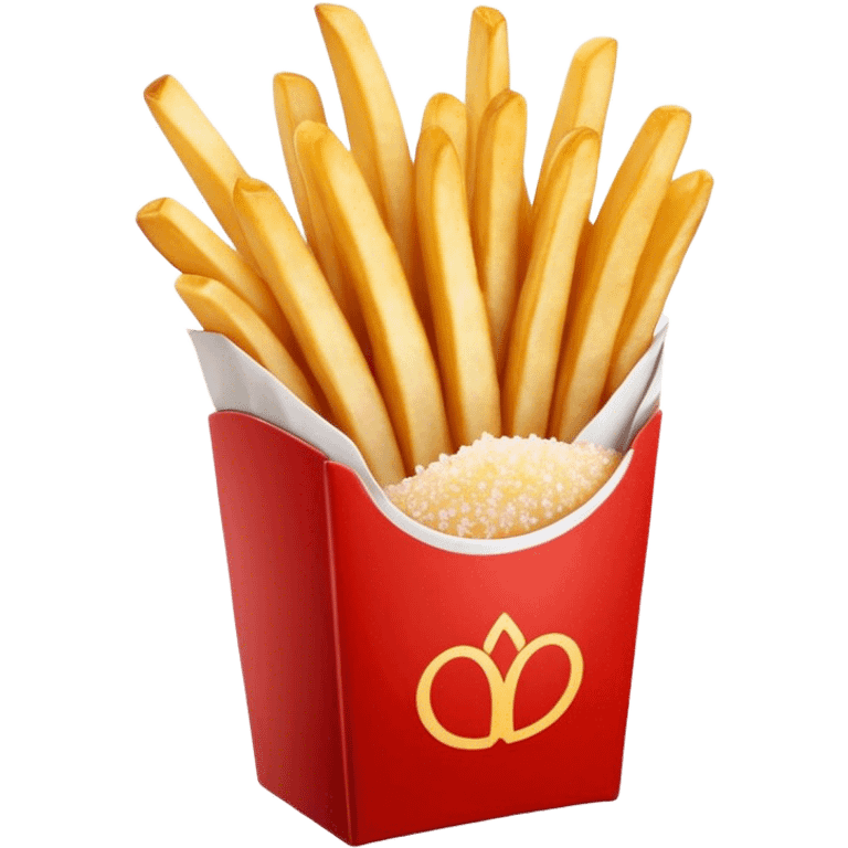 Cinematic crispy golden French fries, piled high, sprinkled with salt, served in a red carton, warm and inviting, rich golden hues, perfectly crunchy and delicious. emoji