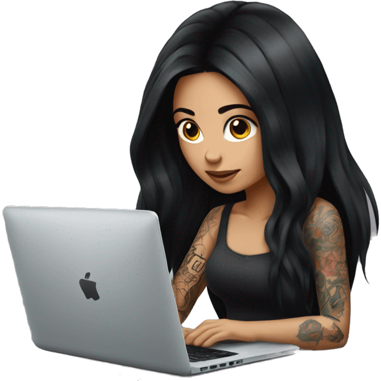 beautiful girl with tattoos, with long black hair, typing on laptop emoji