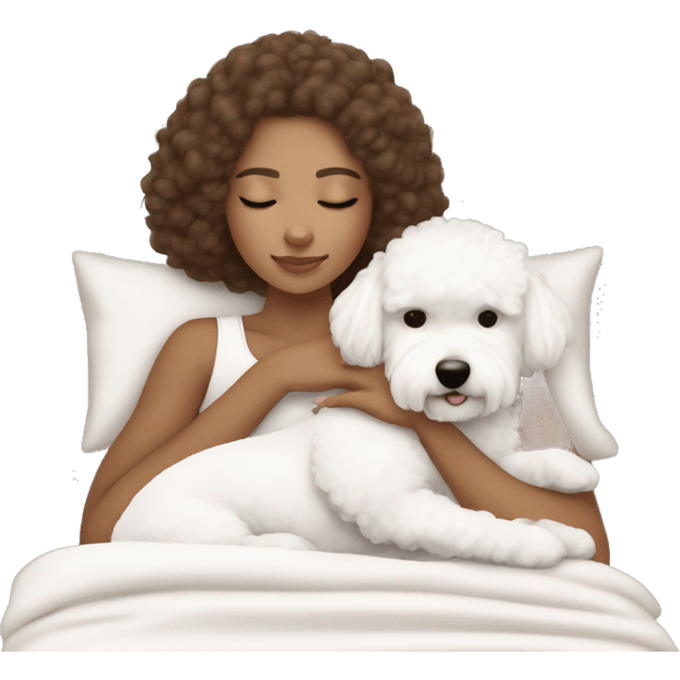 White girl brown hair sleeping with Mini Bichon emoji