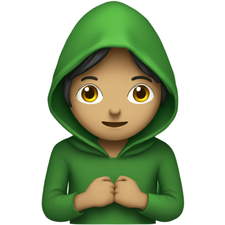 Hooded green alian holding hands with a person emoji