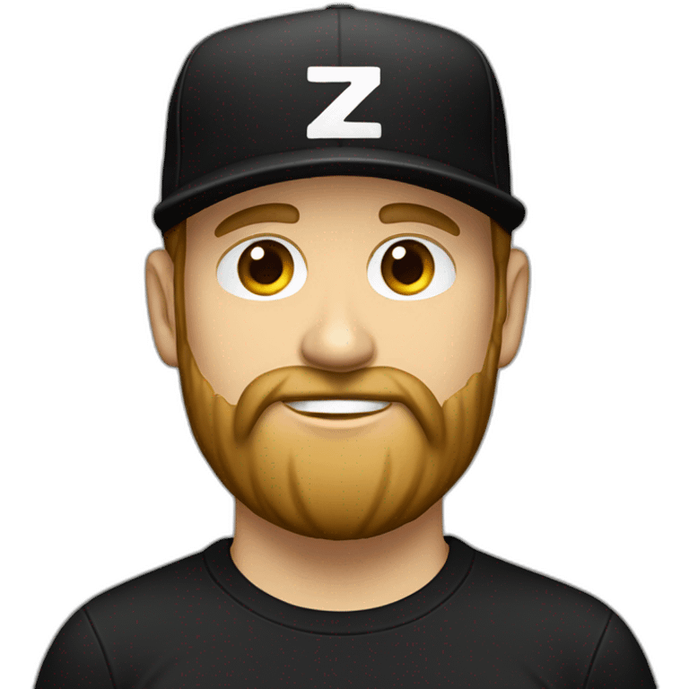 white guy with a beard, black cap with a "z" logo, black t-shirt with a "z" logo on a desk emoji