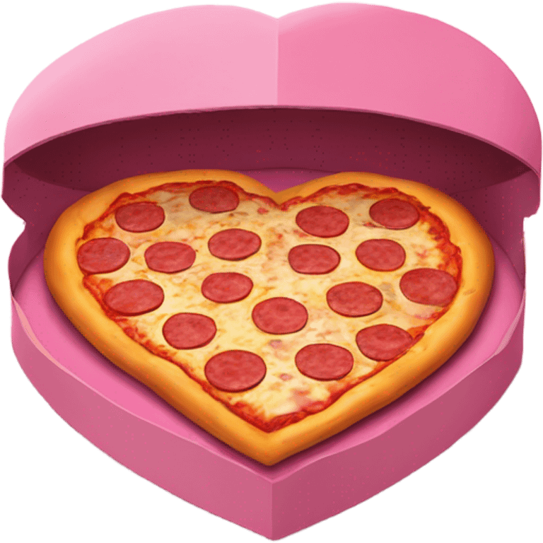 Realistic heart shaped pizza sitting flat in an open top pink pizza box. emoji