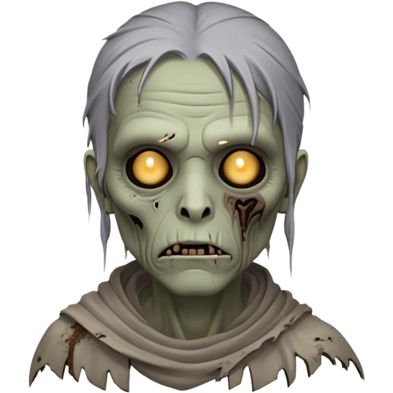 Cinematic Noble Zombie Portrait Emoji, Surprisingly dignified and somber, with a decaying yet strangely regal visage in ashen grays and muted tones, draped in tattered attire hinting at a lost grandeur, simplified yet meticulously detailed, glowing with a soft, eerie radiance and a gentle outline that evokes the tragic nobility of the undead! emoji