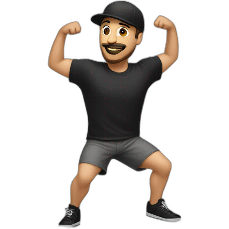 white man with black goatee, cap and short shorts dancing emoji