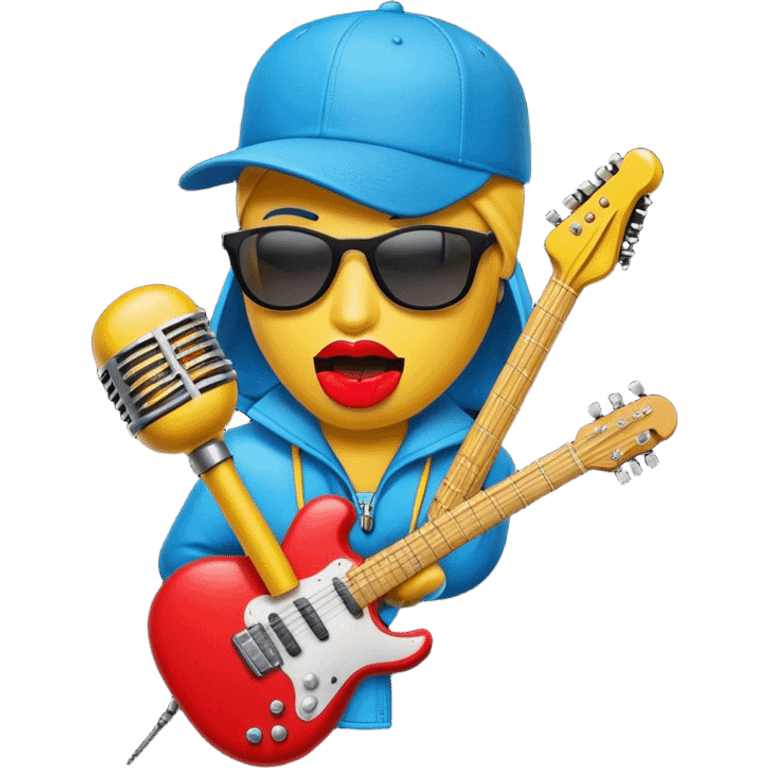 Create a dynamic and fun emoji that represents beatboxing. The design should feature a microphone with a cap placed on top, with large lips peeking out from underneath. From the lips, bass clefs and various musical instruments (like a guitar, drumstick, and keyboard) should be flying out, symbolizing the diversity and rhythm of beatboxing. Use vibrant colors like neon blue, red, and yellow to convey the energy and creativity of this vocal art form. The background should be transparent. emoji