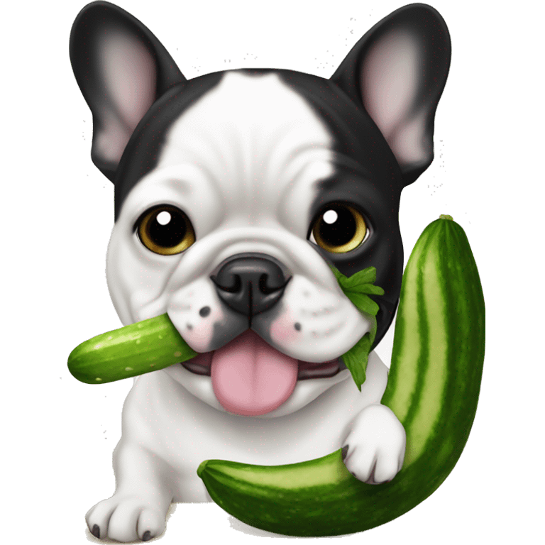 Black and white french Bulldog eating a cucumber  emoji