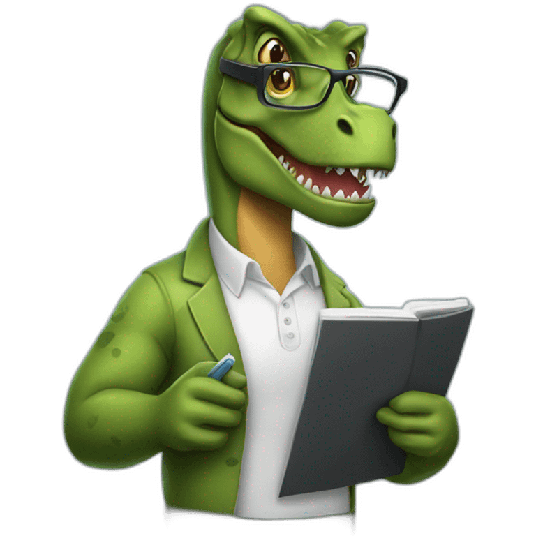 a tyrannosaurus rex therapist holding a notebook wearing glasses emoji