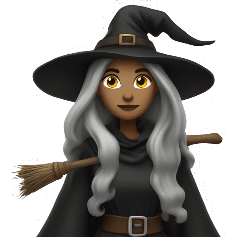 witch on a broom dark long hair white skin emoji