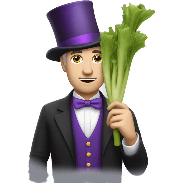 White man wearing a Top Hat with a purple band holding a leek emoji