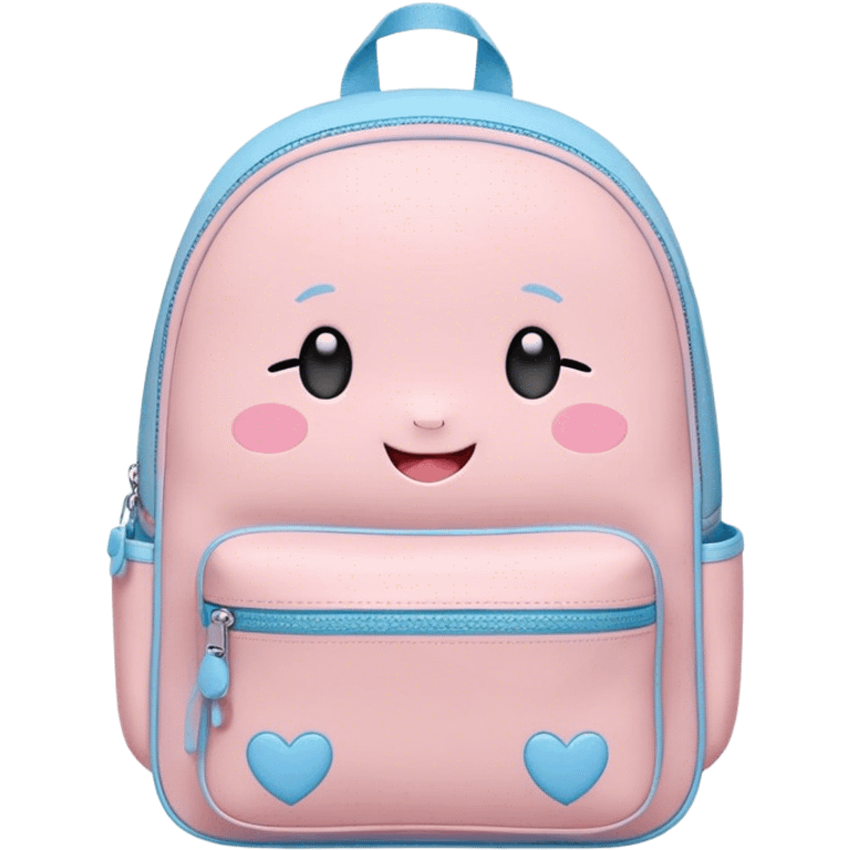 Cute Kawaii Backpack, round and chubby, soft pastel pink and blue, tiny heart-shaped zippers, blushing cheeks, a tiny smiling face, a happy school-time companion! emoji