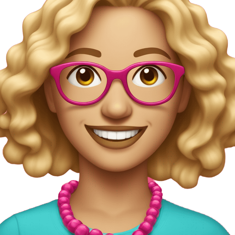  cheerful woman with wavy blonde hair and glasses, wearing a pink shirt and colorful beaded necklace, smiling brightly against a vibrant red background." emoji