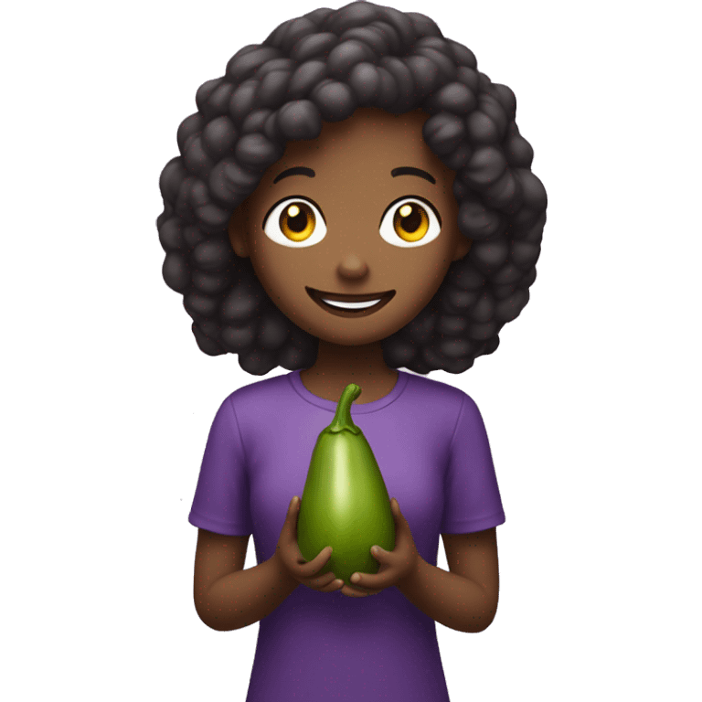 A girl, smiling with a eggplant in her hand emoji