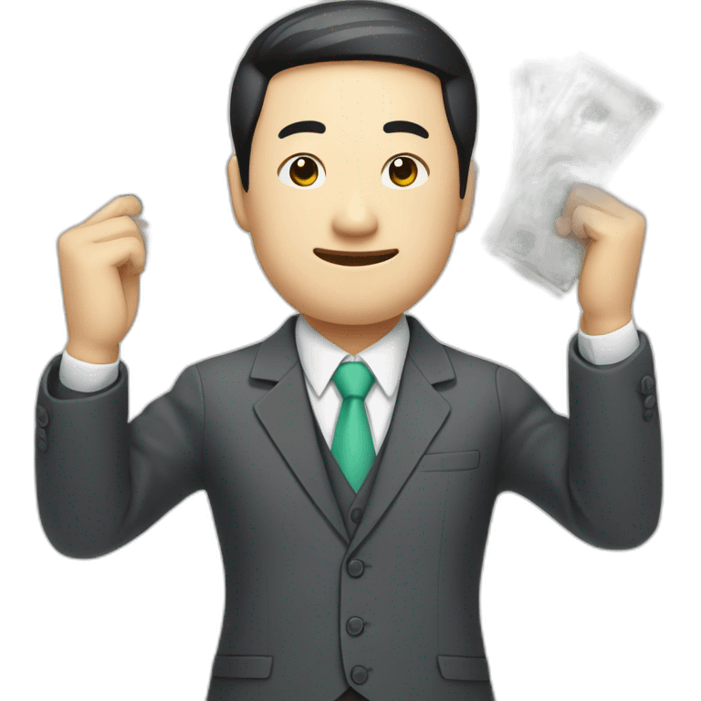 Draw a Chinese character, full body, wearing suits, with lots of RMB bills emoji