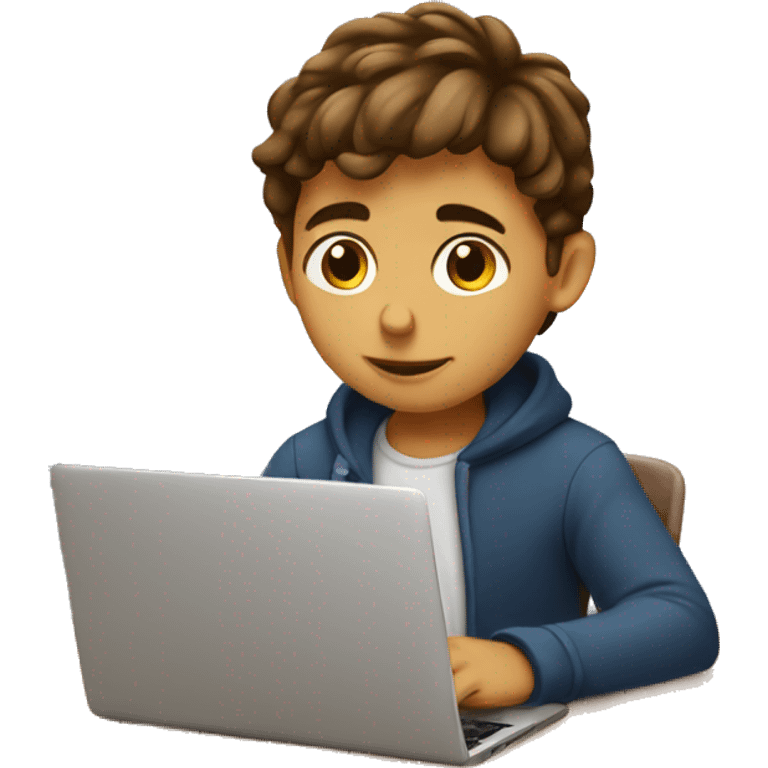 Boy with brown hair on laptop doing homework emoji