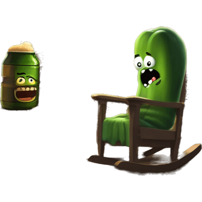 Pickle Rick pounding down a beer on his porch siting in a rocking chair at sunset while his wife is yelling at him through the door that is creeped open of his wooden cabin emoji