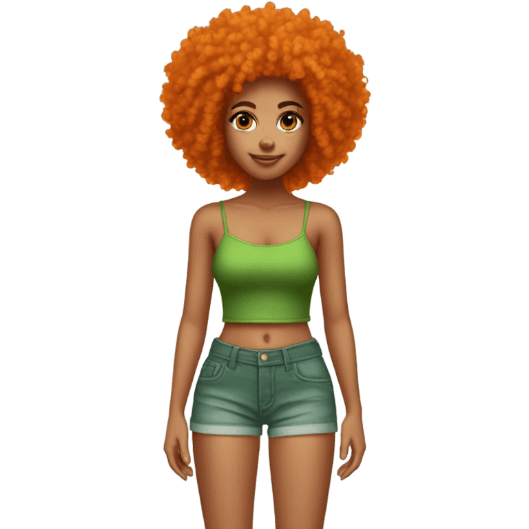 Girl with tan light skin green tube top and denim shorts on and a very orange curly Afro emoji