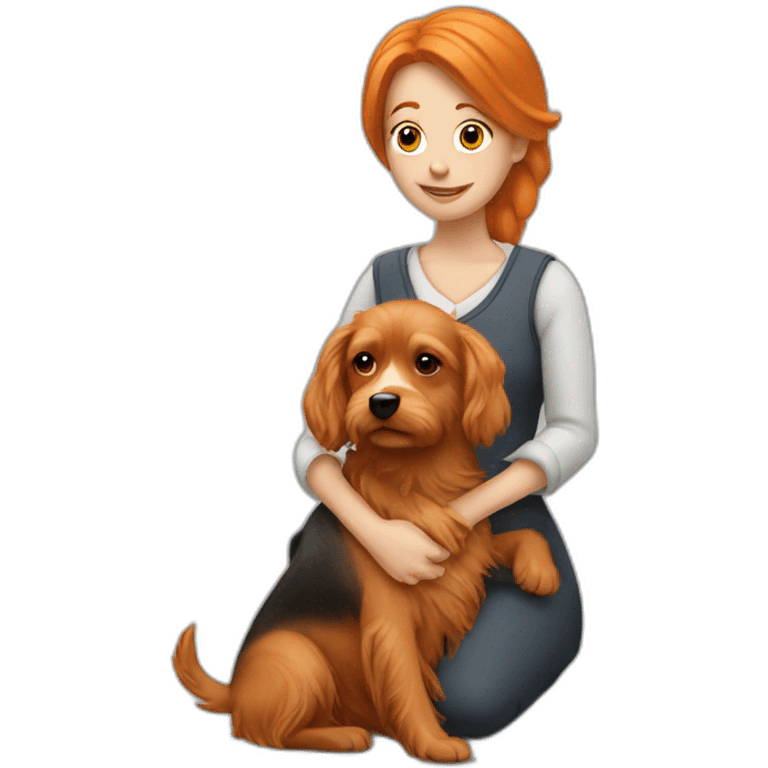 medium orange hair woman holding yorkshire dog emoji