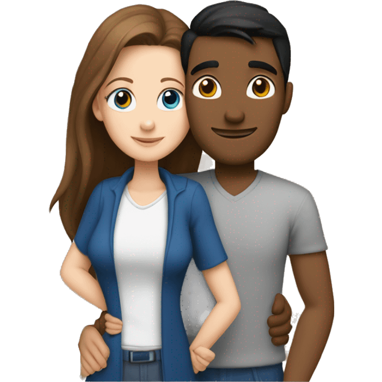 Couple embracing with arms around each other; white woman with blue eyes and brown hair, Indian man with black hair  emoji