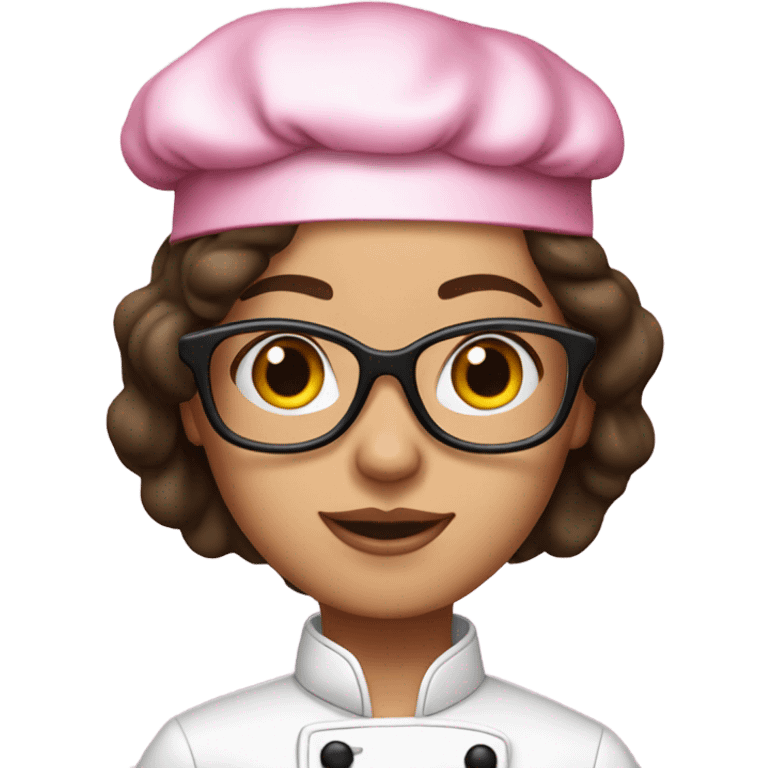 brunette girl with black glasses and a pink chef outfit emoji