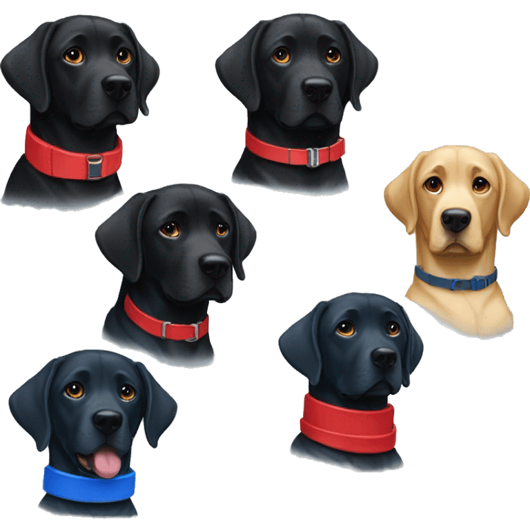 2 black labradors, 1 red collar, 1 blue collar. emoji