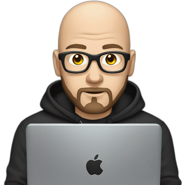 bald white man with a black beard typing on apple computer wearing a black hoodie emoji