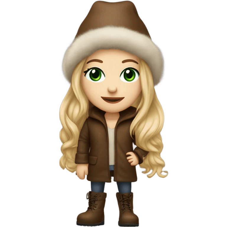 Realistic White girl with Long straight blonde hair, green eyes, tattoos, full body wearing Brown fur coat and fur hat and Brown leather boots, doing cute pose emoji